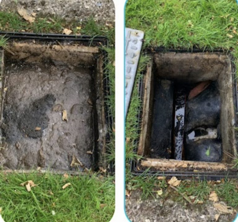 Before-and-after photographs showing a dirt-covered inspection cover and the open chamber with its drainage channel visible.