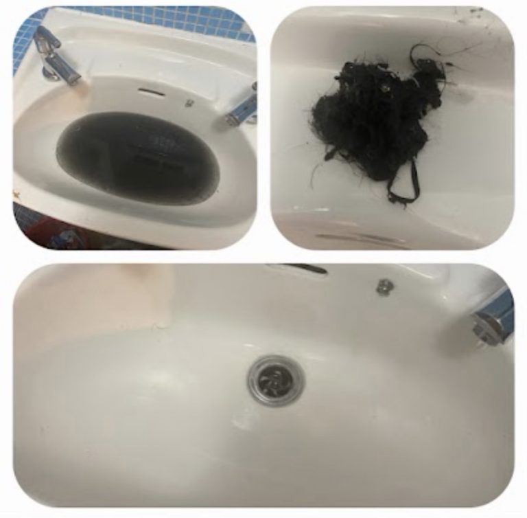 Collage showing standing dark water in a basin, recovered hair and debris, and the cleared basin.