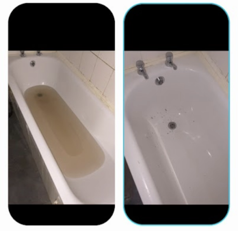 Before-and-after collage showing standing dirty water in a bath and the drained bath after clearance.