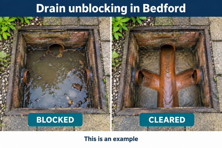 Created example for Bedford drain unblocking showing a blocked inspection chamber beside a cleared channel. This is an example.