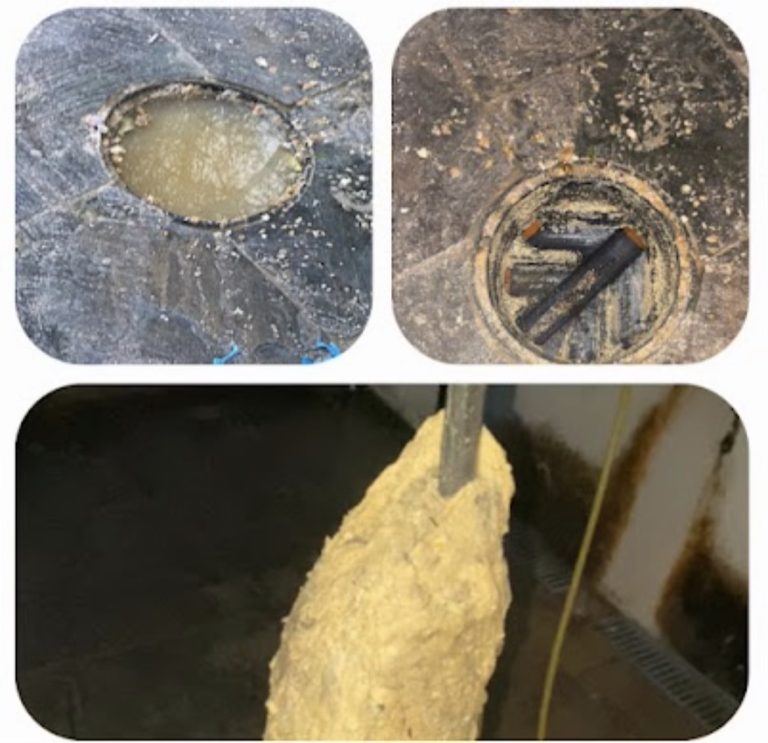 Collage showing a flooded drain opening, the exposed pipework and a large mass of recovered build-up on a tool.