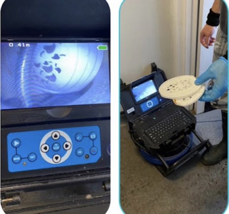 Drain camera image beside a recovered round plastic object and inspection equipment.
