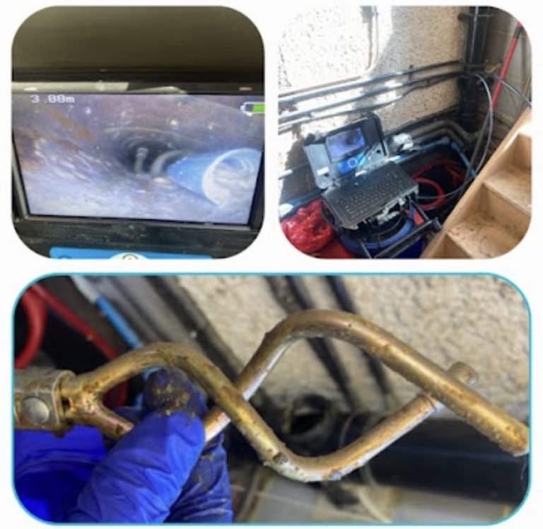 Collage showing a drain camera view, inspection equipment and a recovered metal fitting.