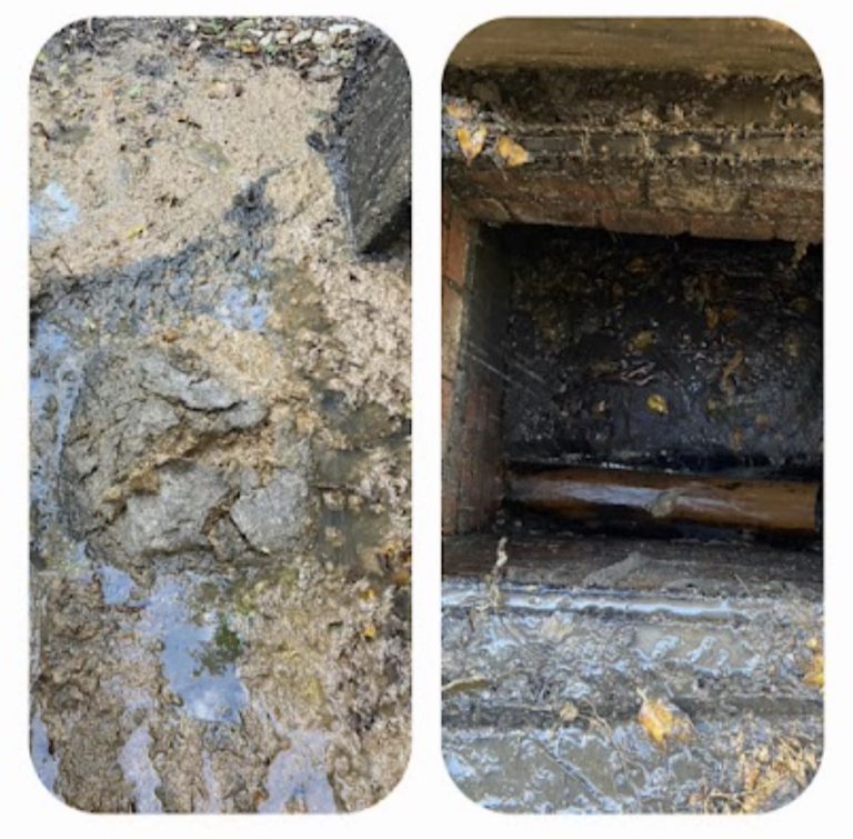 Comparison of wet debris beside an inspection opening and the exposed drainage channel after clearance.