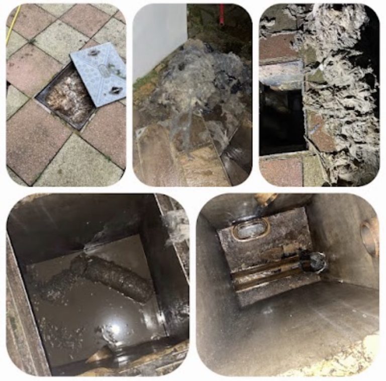 Collage showing an inspection chamber, a pile of recovered fibrous debris and the drainage channel after clearance.
