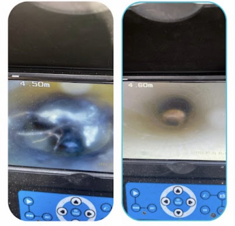 Two drain inspection monitor images showing pipe conditions at different stages of the work.
