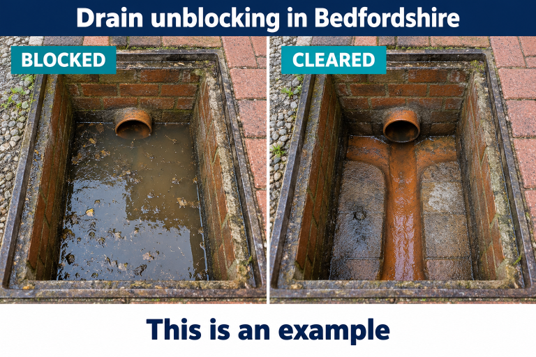 Created drainage example for the Bedfordshire service page showing blocked and cleared conditions, labelled This is an example.
