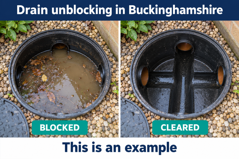 Created drainage example for the Buckinghamshire service page showing blocked and cleared conditions, labelled This is an example.
