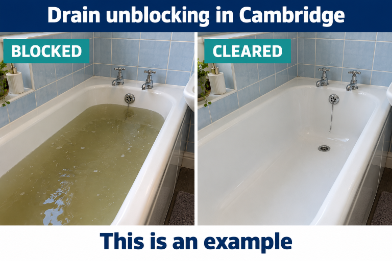 Created drainage example for the Cambridge service page showing blocked and cleared conditions, labelled This is an example.