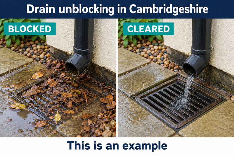 Created drainage example for the Cambridgeshire service page showing blocked and cleared conditions, labelled This is an example.