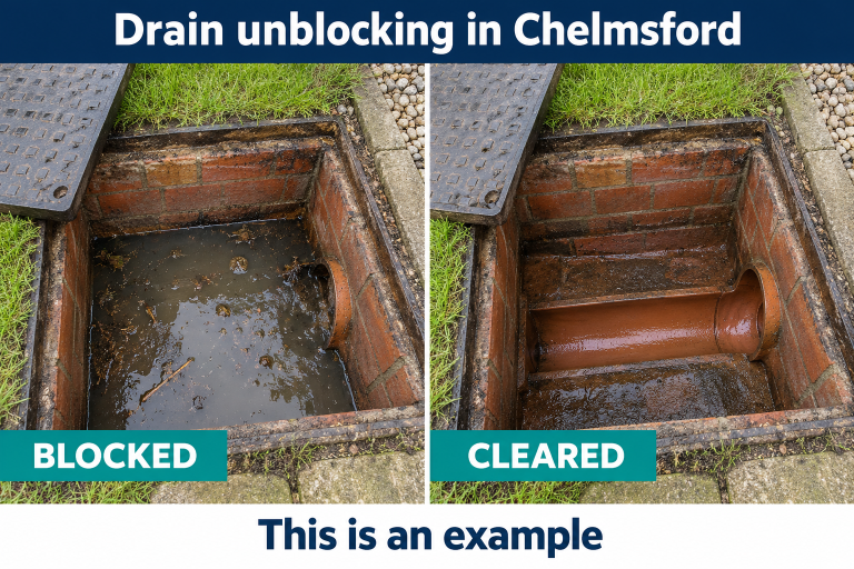 Created drainage example for the Chelmsford service page showing blocked and cleared conditions, labelled This is an example.