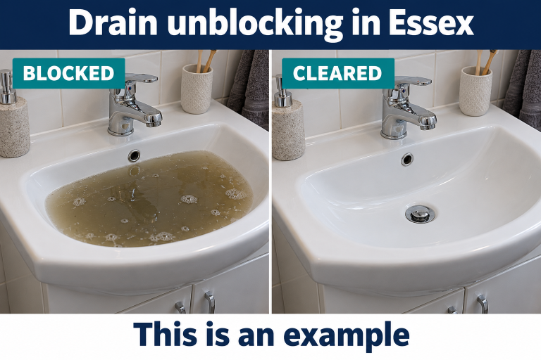 Created drainage example for the Essex service page showing blocked and cleared conditions, labelled This is an example.