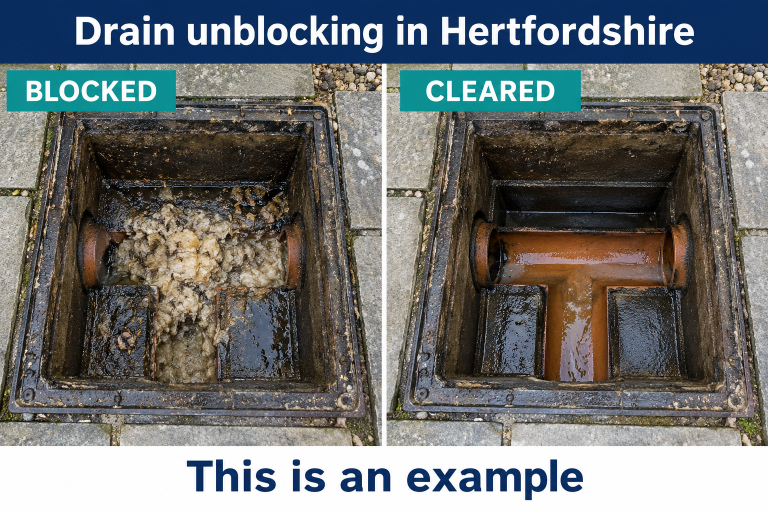 Created drainage example for the Hertfordshire service page showing blocked and cleared conditions, labelled This is an example.