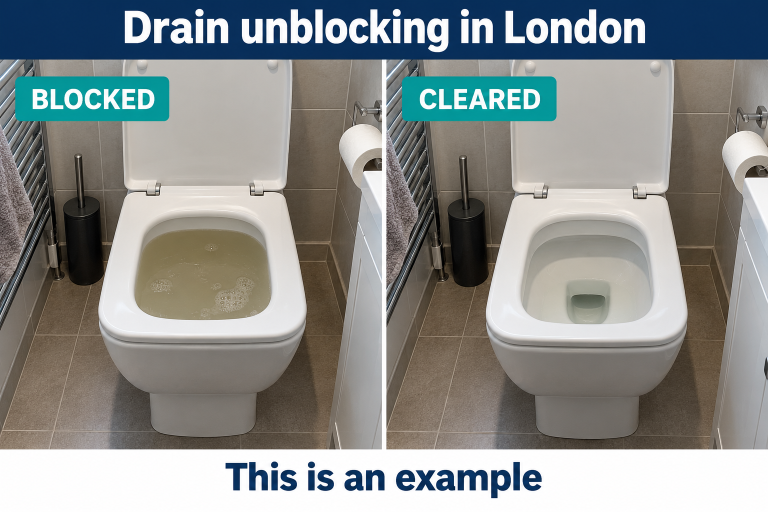 Created drainage example for the London service page showing blocked and cleared conditions, labelled This is an example.