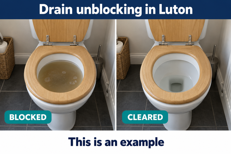 Created drainage example for the Luton service page showing blocked and cleared conditions, labelled This is an example.