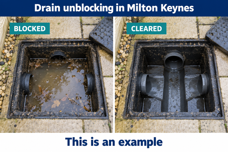 Created drainage example for the Milton Keynes service page showing blocked and cleared conditions, labelled This is an example.