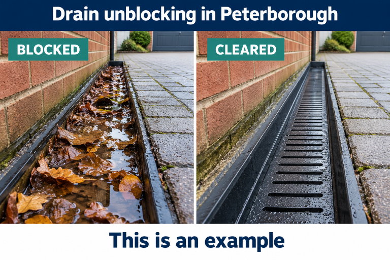 Created drainage example for the Peterborough service page showing blocked and cleared conditions, labelled This is an example.
