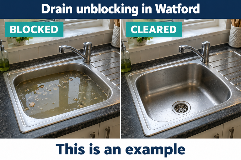 Created drainage example for the Watford service page showing blocked and cleared conditions, labelled This is an example.