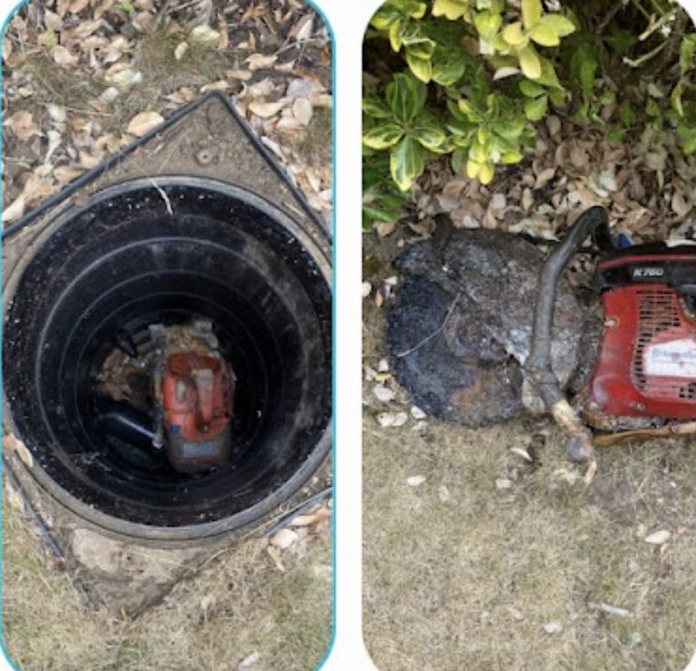 Two photographs showing an open drainage chamber and portable equipment used beside the opening.