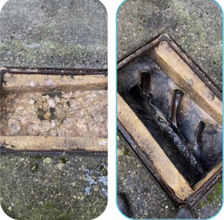 Comparison of debris in an inspection chamber and the exposed drainage channels after clearance.