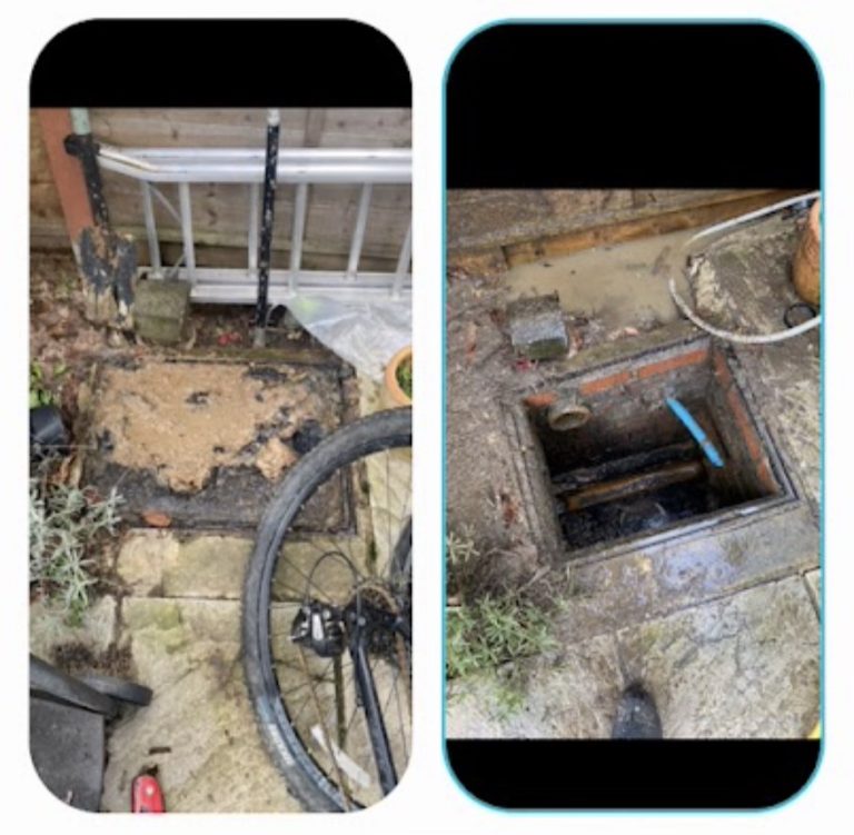 Comparison showing material over an inspection opening and the chamber opened to reveal pipework.