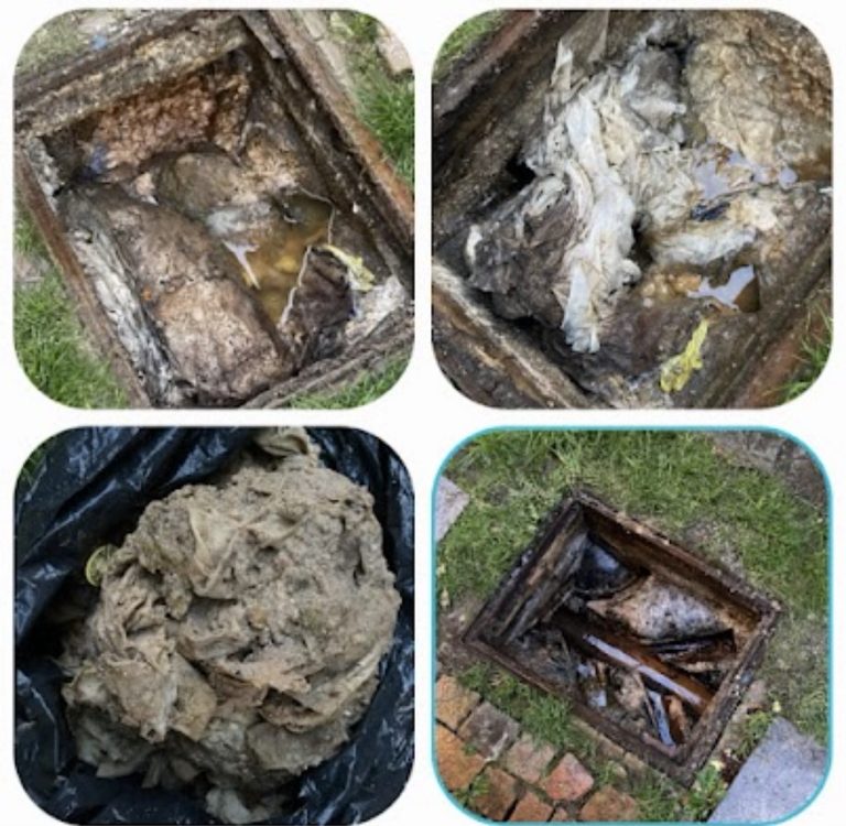 Collage showing an inspection chamber containing fibrous debris, recovered material in a bag and the exposed channel after clearance.