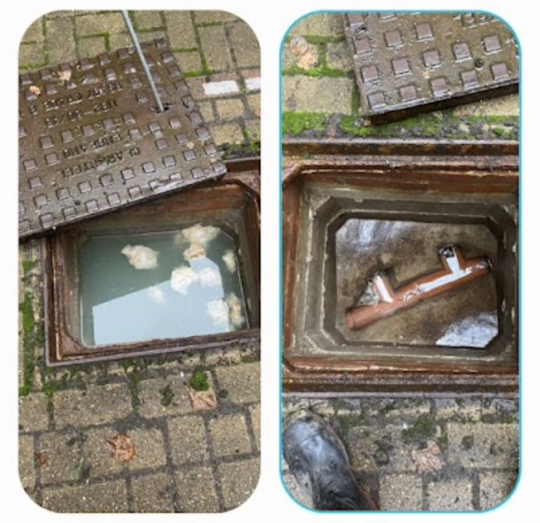 Before-and-after photographs of standing water in an inspection chamber and the visible pipe channel after clearance.