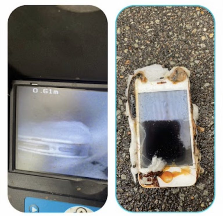 Drain camera image beside a damaged mobile phone recovered during drainage work.