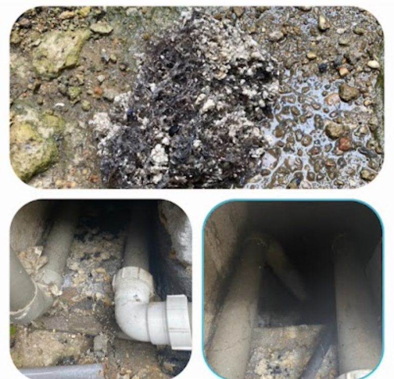 Collage showing recovered drain debris, pipework inside an inspection chamber and the channel after clearance.