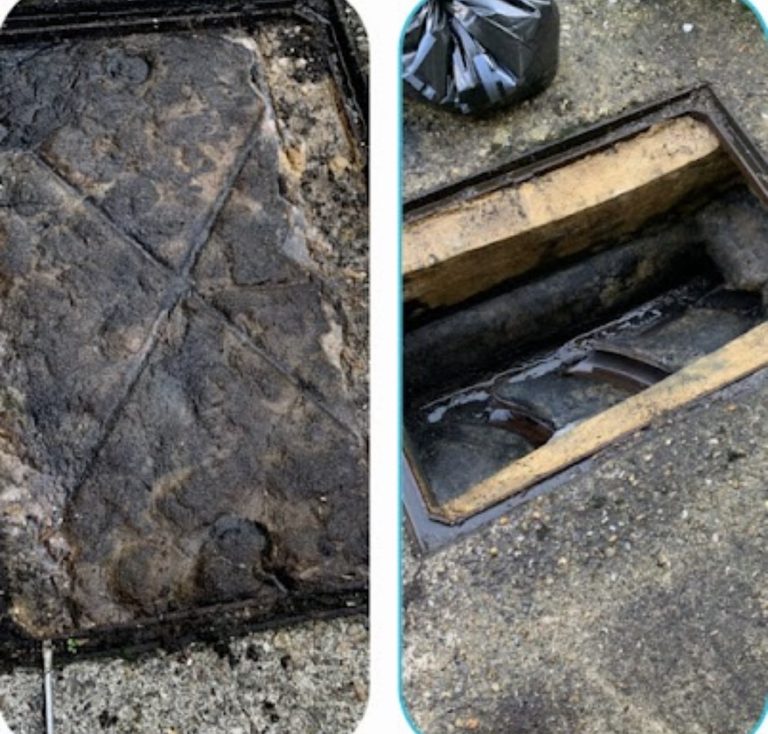 Inspection cover beside the open chamber, with the drainage channel visible in the second photograph.