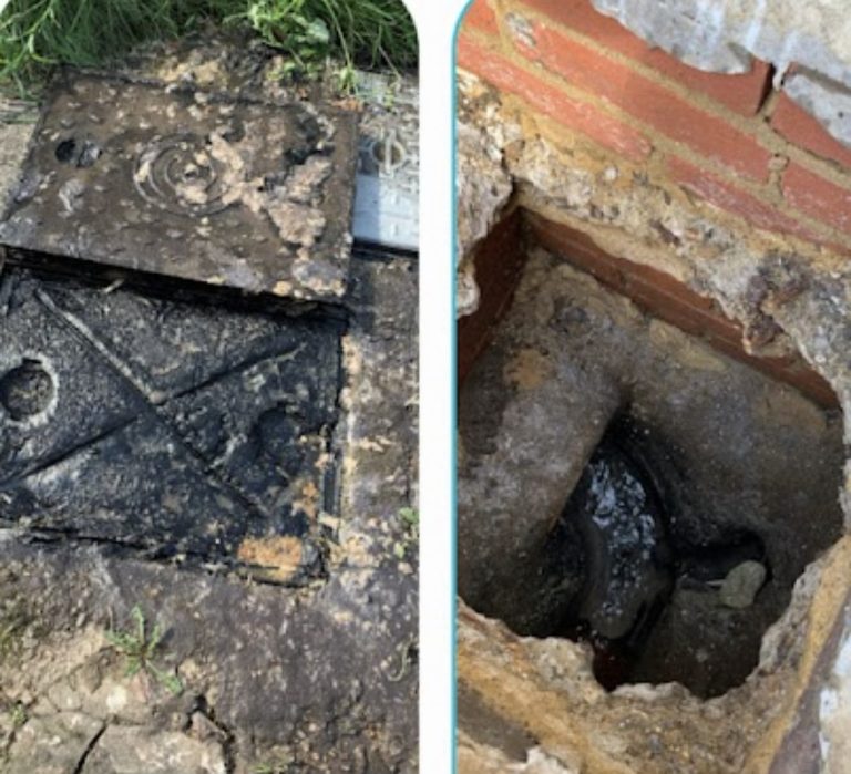 Photographs showing a soil-covered inspection cover and the open brick inspection chamber.