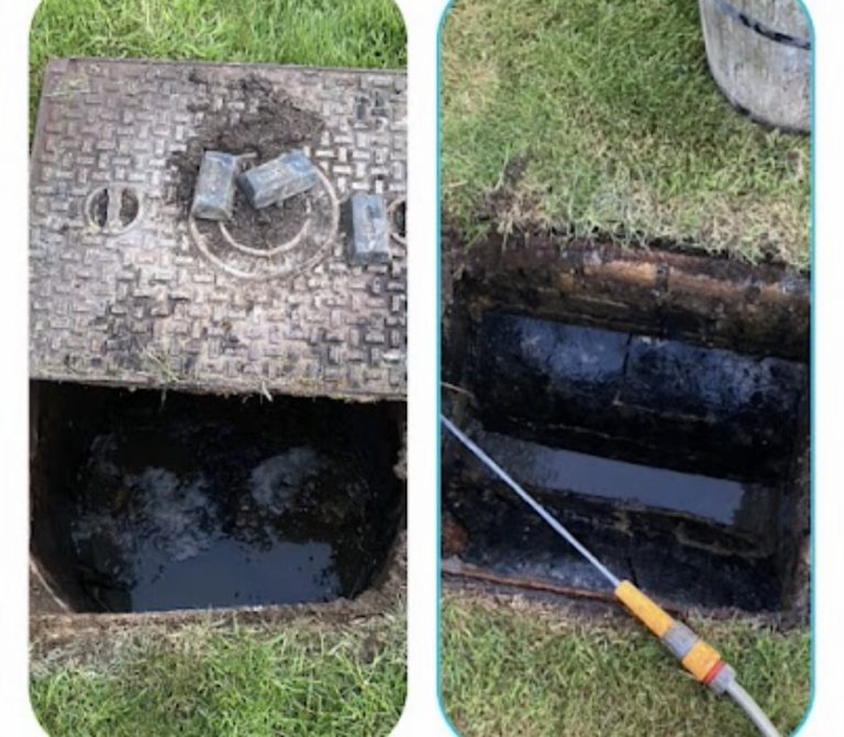 Before-and-after photographs of an inspection chamber in grass, with a jetting hose used during the work.
