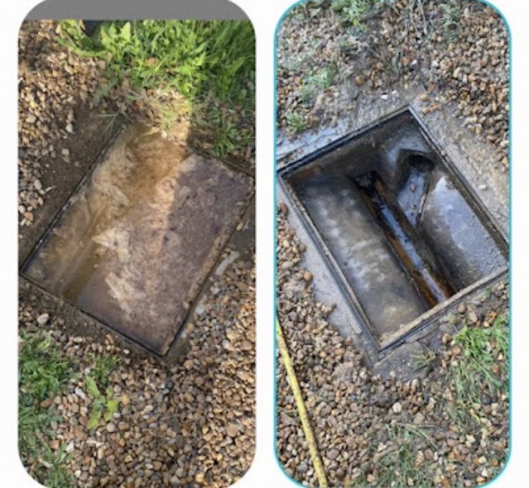 Before-and-after photographs of a flooded inspection chamber and the exposed drainage channel after clearance.