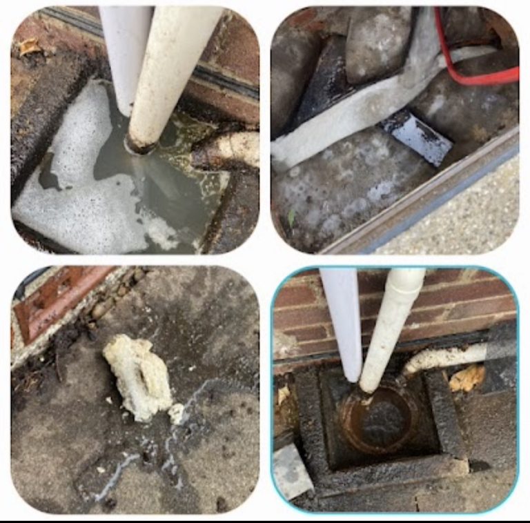Collage showing a flooded outside gully, the drainage opening during clearance, recovered build-up and the gully after drainage.