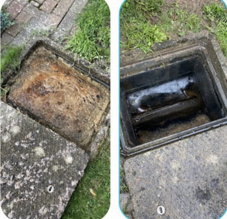 Comparison of an inspection chamber filled with dirty water and the visible drainage channel after clearance.