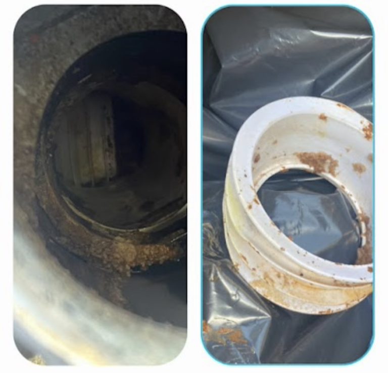 Photographs showing pipework inside an inspection opening and a recovered plastic pipe fitting.