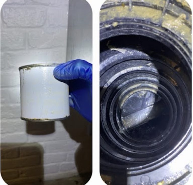 Photographs showing a recovered cylindrical plastic fitting and the inside of a pipe access opening.
