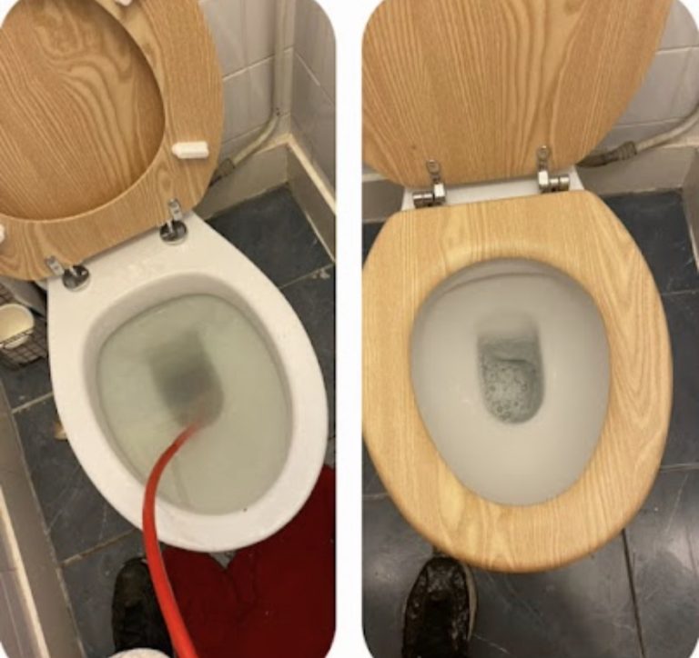 Comparison showing a clearance hose in a toilet bowl and the bowl after the blockage work.