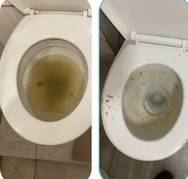 Comparison of a toilet holding dirty water and the bowl during drainage after clearance.